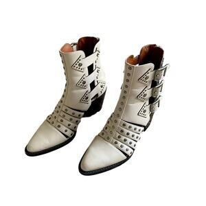 Coach Phoebe Embellished 3 Buckle Edgy Cutout Pointed Toe Block Heel Bootie